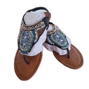 Dressbarn Audra Black Boho Sequin Bead Embellished Beaded Flat Sandal Size 8